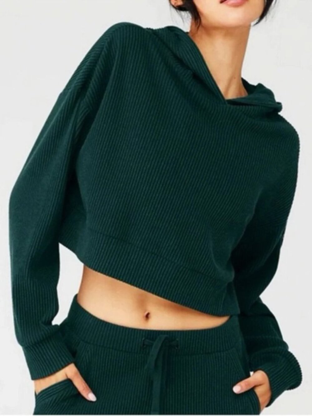 Alo Yoga Muse Ribbed Cropped Hoodie in Midnight Green X-Small